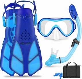 Kids Snorkel Set Mask Fins-Panoramic Snorkel Mask Dry Top Snorkel Adjustable Swim Fins Mesh Bag Earplugs for Boys Girls, Junior Snorkeling Gear for Kids Ages 5-14