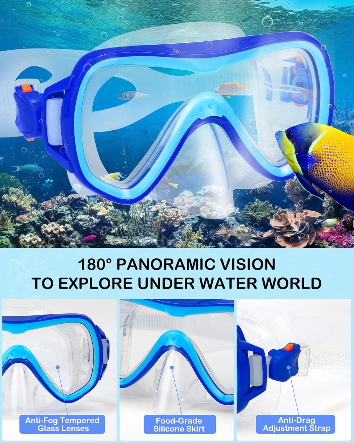 Kids Snorkel Set Mask Fins-Panoramic Snorkel Mask Dry Top Snorkel Adjustable Swim Fins Mesh Bag Earplugs for Boys Girls, Junior Snorkeling Gear for Kids Ages 5-14