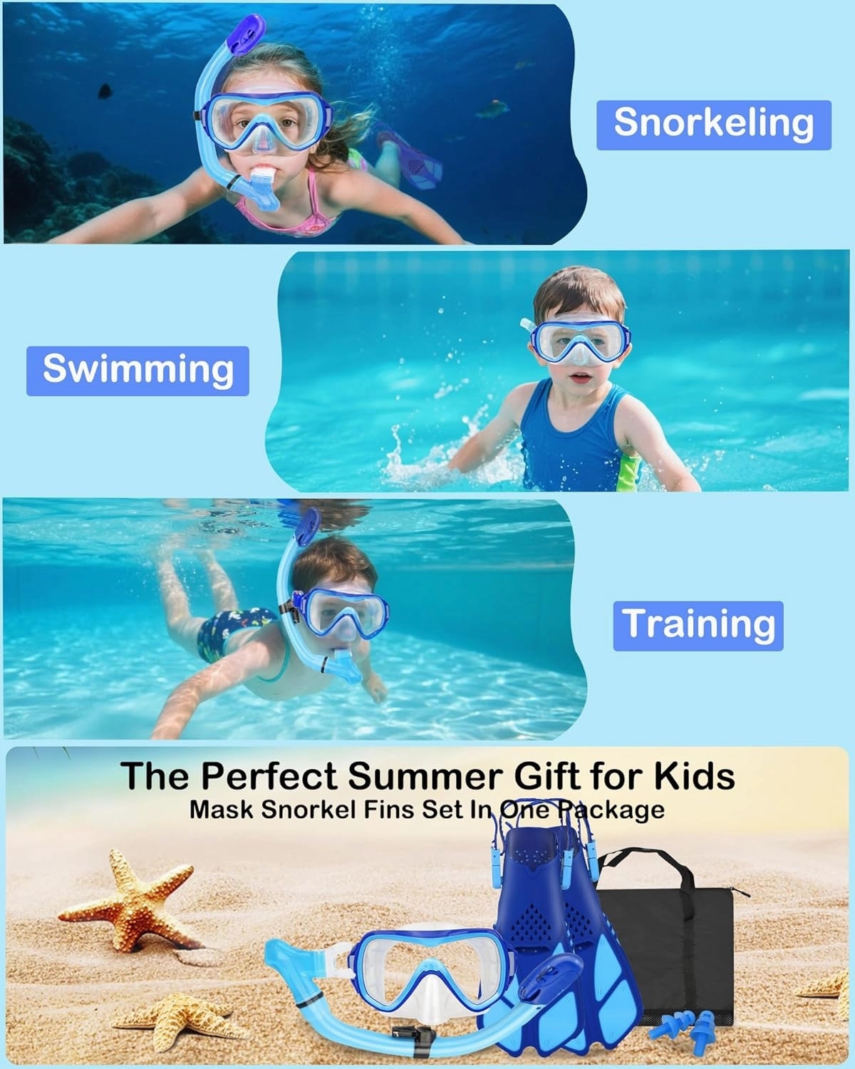 Kids Snorkel Set Mask Fins-Panoramic Snorkel Mask Dry Top Snorkel Adjustable Swim Fins Mesh Bag Earplugs for Boys Girls, Junior Snorkeling Gear for Kids Ages 5-14