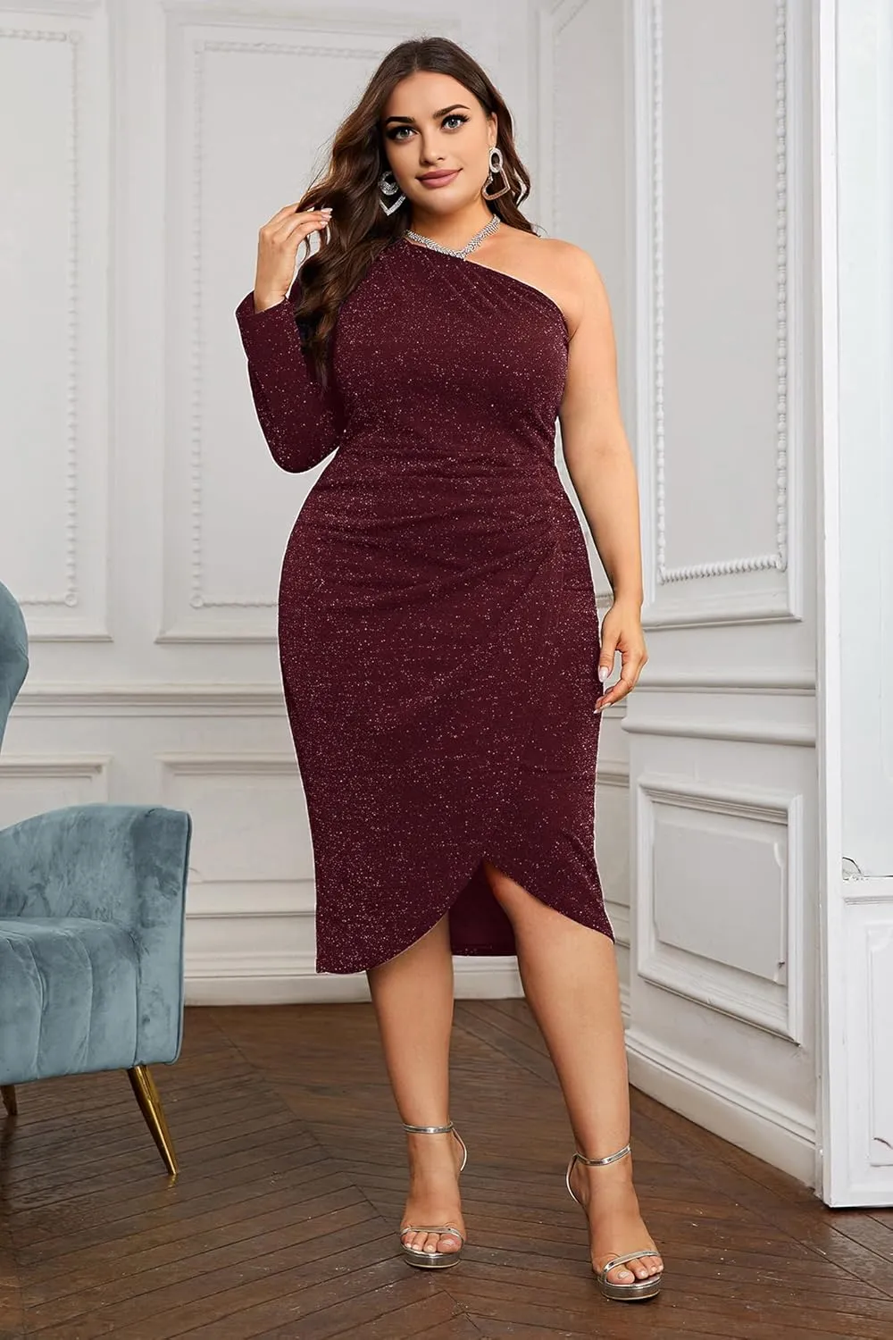 KIMCURVY Women's Plus Size Formal Dress Glitter Cocktail One Shoulder Dresses Ruched Wrap Sparkly Party Midi Bodycon Dress