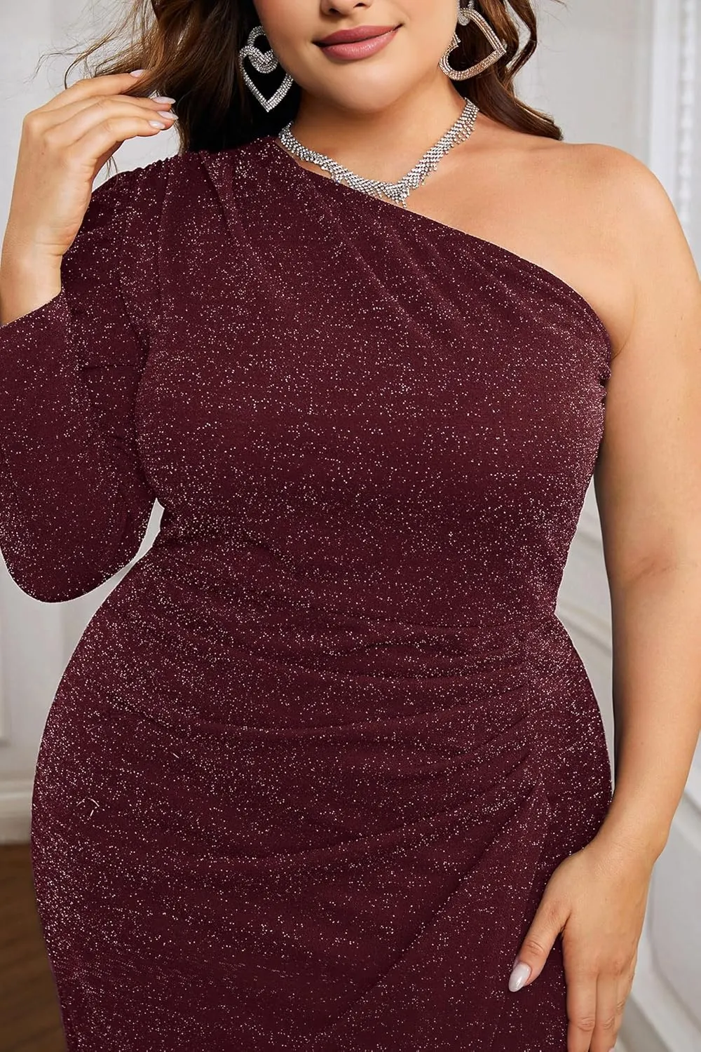 KIMCURVY Women's Plus Size Formal Dress Glitter Cocktail One Shoulder Dresses Ruched Wrap Sparkly Party Midi Bodycon Dress