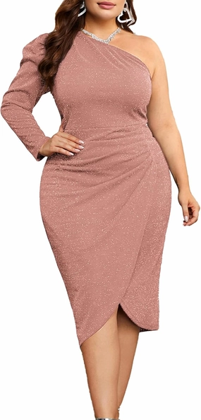 KIMCURVY Women's Plus Size Formal Dress Glitter Cocktail One Shoulder Dresses Ruched Wrap Sparkly Party Midi Bodycon Dress