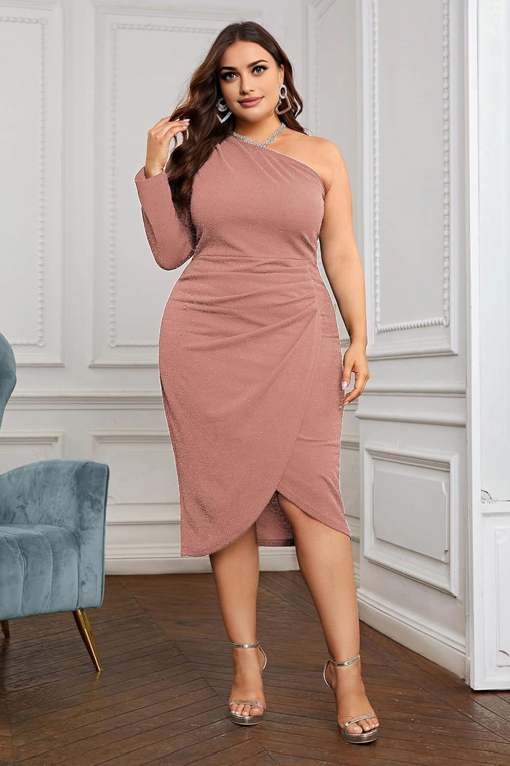KIMCURVY Women's Plus Size Formal Dress Glitter Cocktail One Shoulder Dresses Ruched Wrap Sparkly Party Midi Bodycon Dress