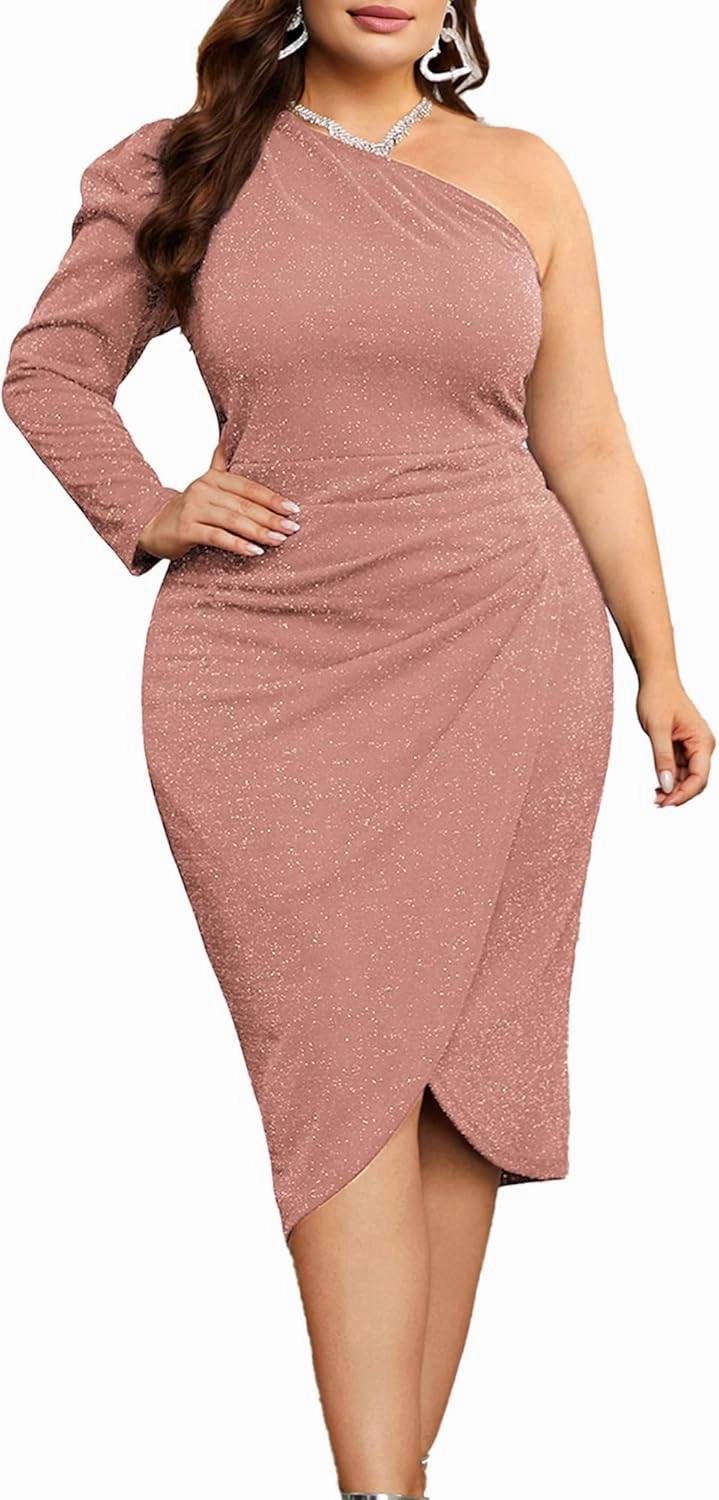 KIMCURVY Women's Plus Size Formal Dress Glitter Cocktail One Shoulder Dresses Ruched Wrap Sparkly Party Midi Bodycon Dress