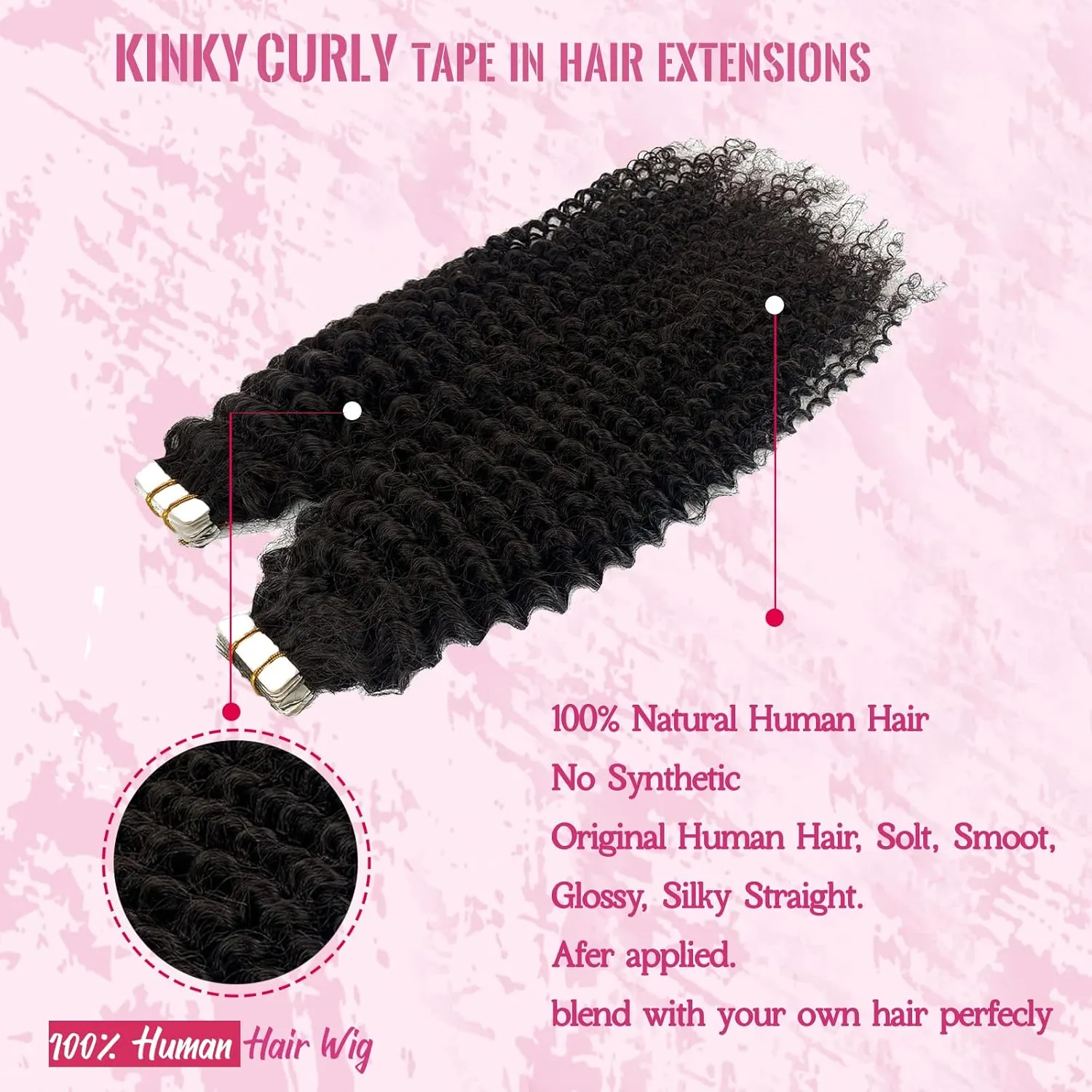 Kinky Curly Tape in Extensions 24 Inch #1B Natural Black Kinky Curly Tape in 100% Real Human Hair Extension 40 Pieces 100G/Set Double Sided Skin Weft Adhesive Glue Hair Extensions for Black Women