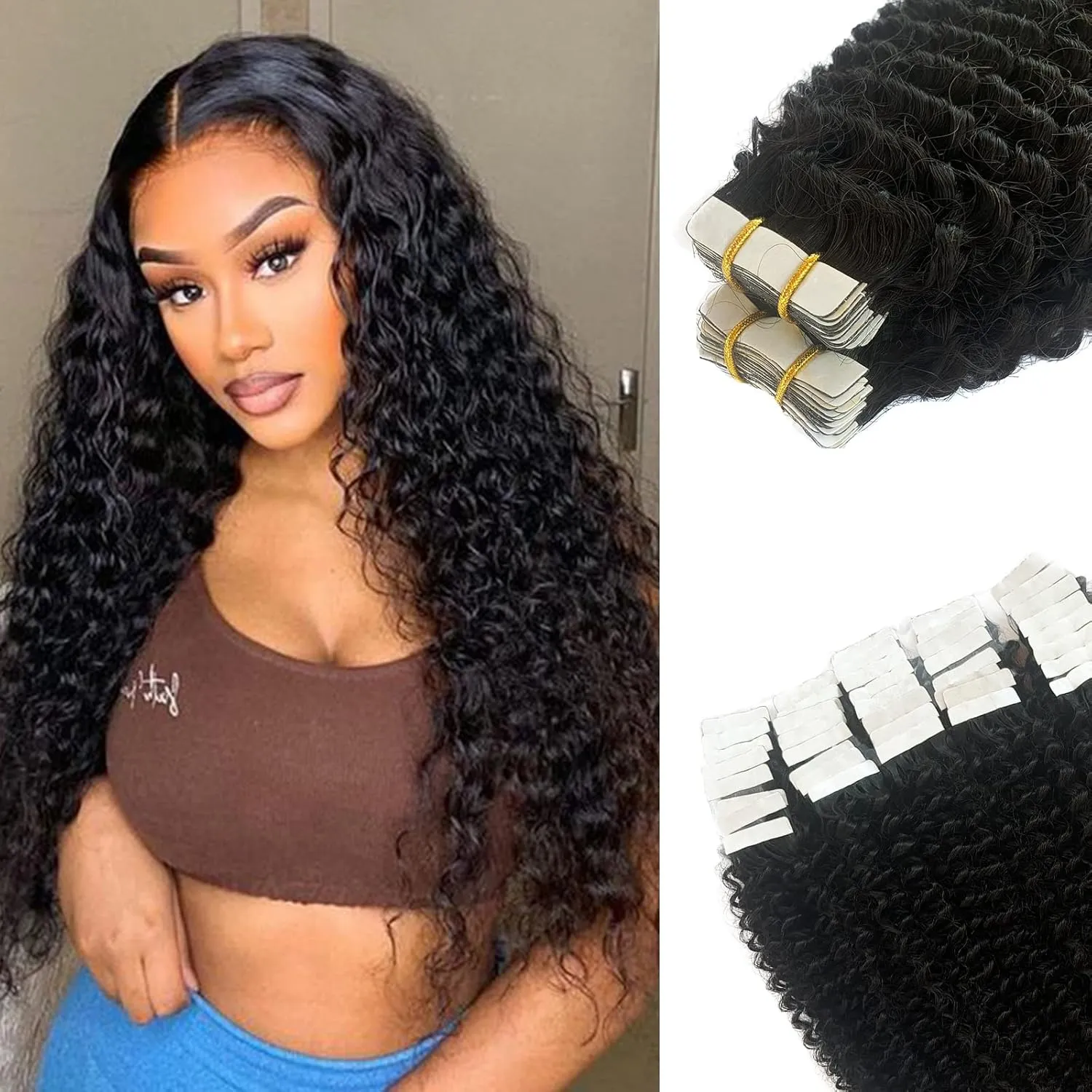 Kinky Curly Tape in Extensions 24 Inch #1B Natural Black Kinky Curly Tape in 100% Real Human Hair Extension 40 Pieces 100G/Set Double Sided Skin Weft Adhesive Glue Hair Extensions for Black Women