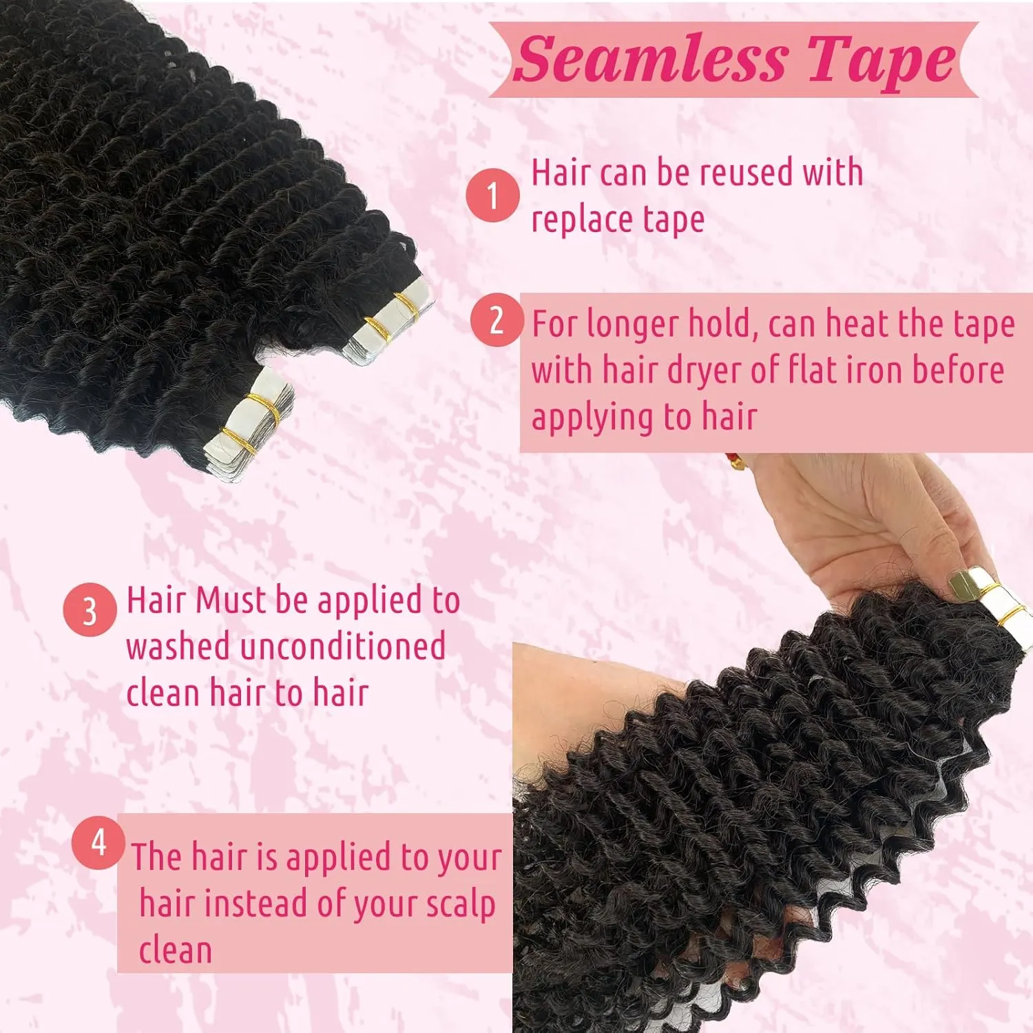 Kinky Curly Tape in Extensions 24 Inch #1B Natural Black Kinky Curly Tape in 100% Real Human Hair Extension 40 Pieces 100G/Set Double Sided Skin Weft Adhesive Glue Hair Extensions for Black Women