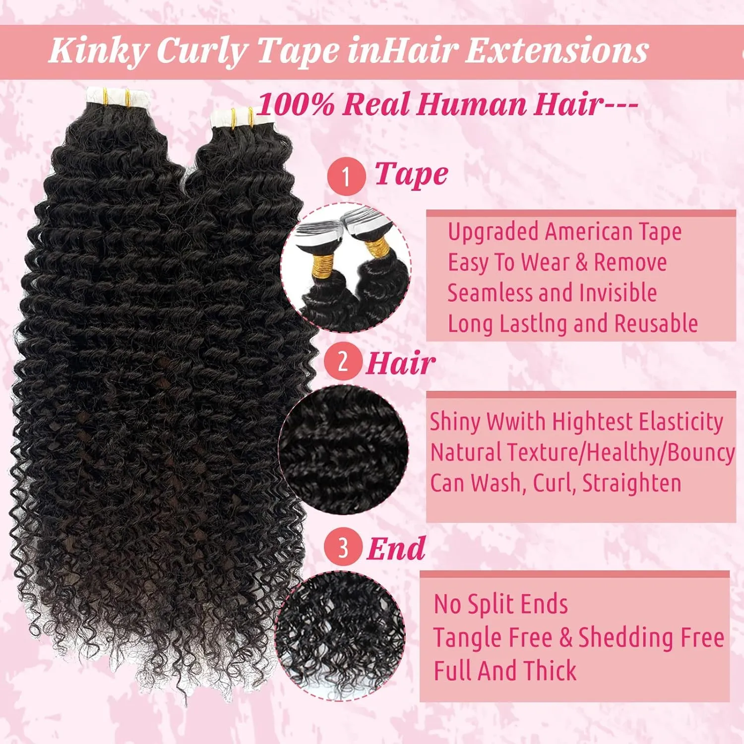 Kinky Curly Tape in Extensions 24 Inch #1B Natural Black Kinky Curly Tape in 100% Real Human Hair Extension 40 Pieces 100G/Set Double Sided Skin Weft Adhesive Glue Hair Extensions for Black Women