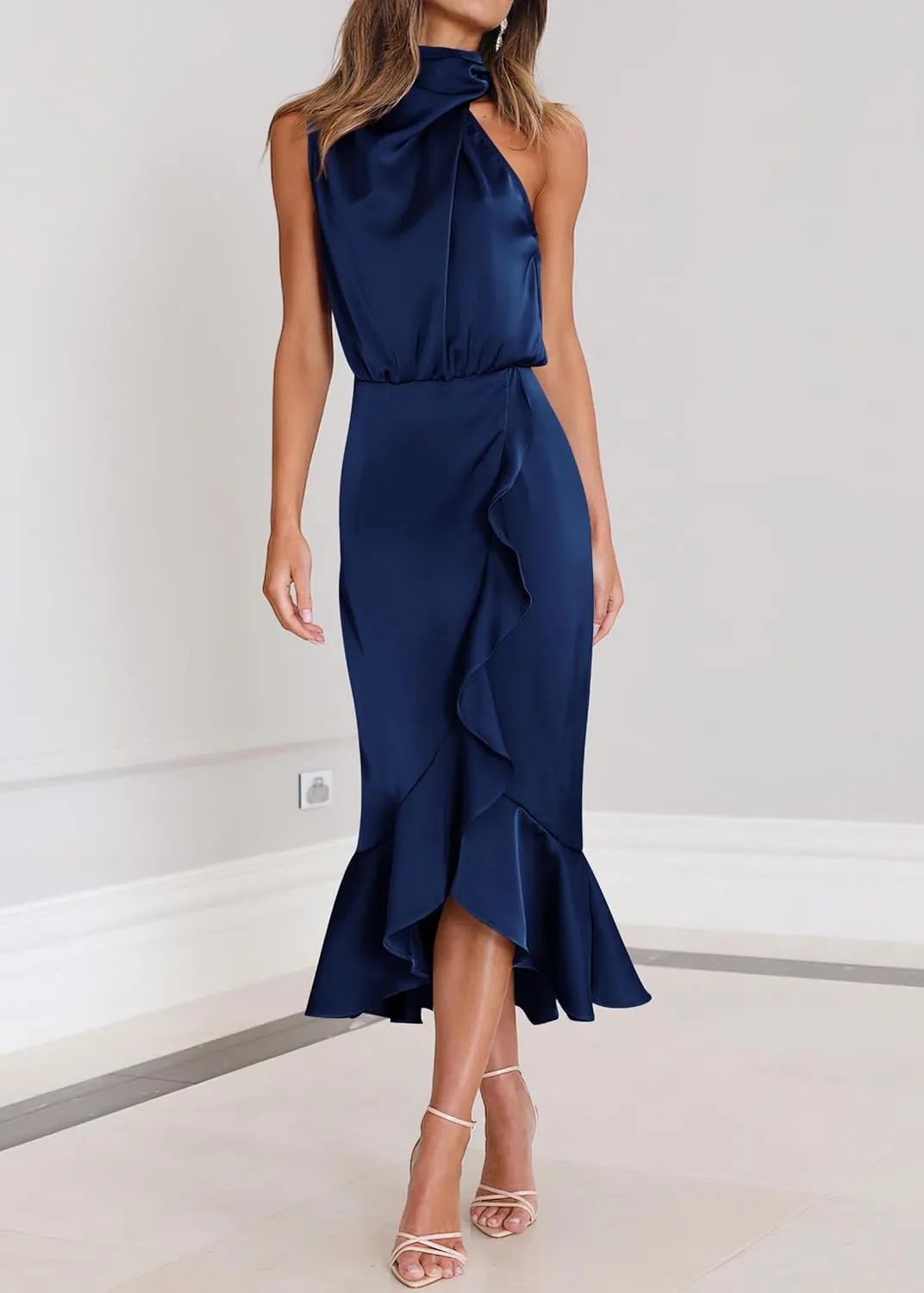 KIRUNDO Womens 2025 Summer Satin Mock Neck Wedding Guest Party Cocktail Midi Dress Sleeveless Wrap Ruffle Formal Dresses