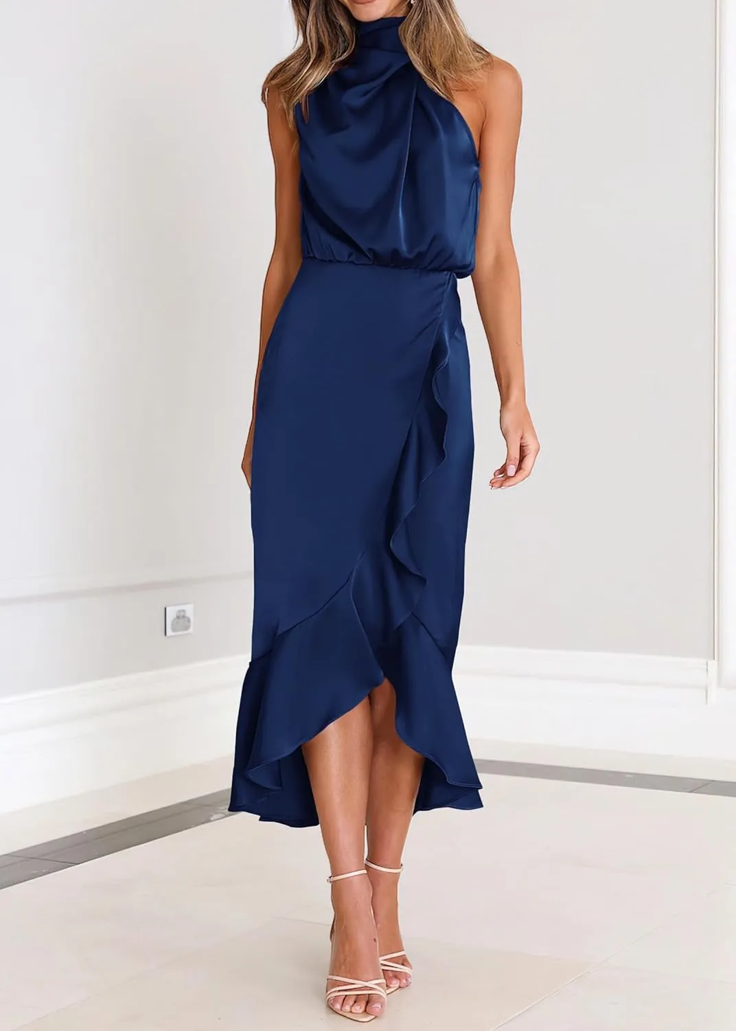 KIRUNDO Womens 2025 Summer Satin Mock Neck Wedding Guest Party Cocktail Midi Dress Sleeveless Wrap Ruffle Formal Dresses
