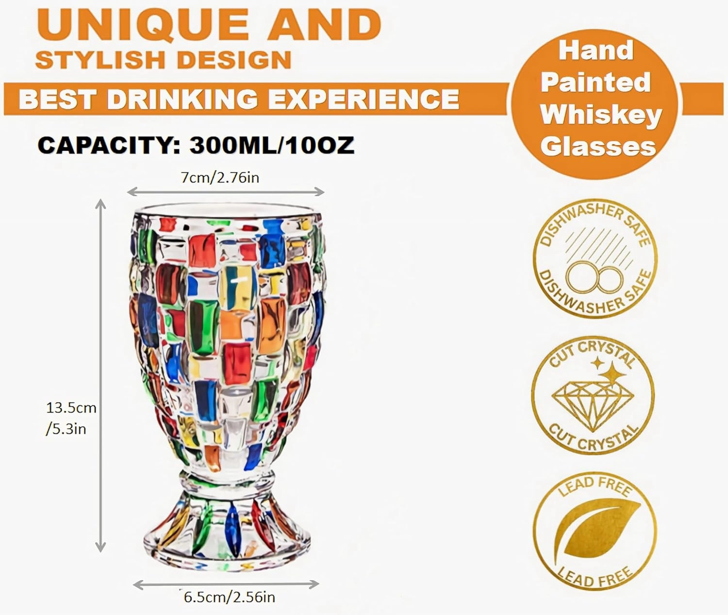 KNC Hand Painted Stained Glass Window Whiskey Tumblers,Lead-Free Crystal Colorful Drinking Glass Cups, Old Fashioned Glasses forDrinking Bourbon, Scotch Whisky, Cocktails, Cognac (Classic Weave)