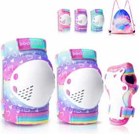 Knee Pads for Kids, ZOOBLISS Toddler Knee and Elbow Pads Set Wrist Guards for Skating Girls Aged 3-12, Kids Protective Gear for Roller Skates Skateboard Bike Scooter, Included Drawstring Bag (Rainbow)