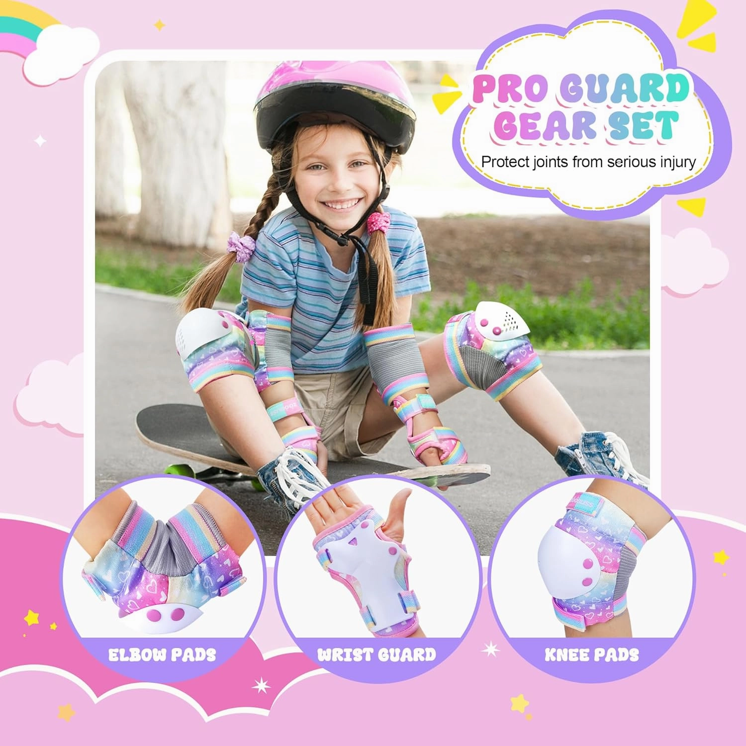 Knee Pads for Kids, ZOOBLISS Toddler Knee and Elbow Pads Set Wrist Guards for Skating Girls Aged 3-12, Kids Protective Gear for Roller Skates Skateboard Bike Scooter, Included Drawstring Bag (Rainbow)
