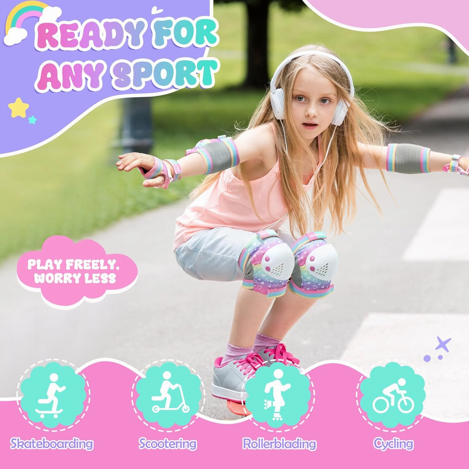 Knee Pads for Kids, ZOOBLISS Toddler Knee and Elbow Pads Set Wrist Guards for Skating Girls Aged 3-12, Kids Protective Gear for Roller Skates Skateboard Bike Scooter, Included Drawstring Bag (Rainbow)