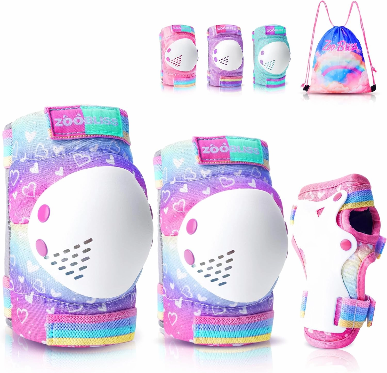 Knee Pads for Kids, ZOOBLISS Toddler Knee and Elbow Pads Set Wrist Guards for Skating Girls Aged 3-12, Kids Protective Gear for Roller Skates Skateboard Bike Scooter, Included Drawstring Bag (Rainbow)