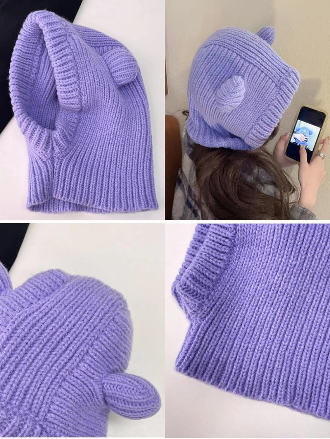 Knit Winter Hat Women Cute Bear Balaclava Warm Hooded Scarf Beanie Hat Skull Cap Collar Neck Cover Pullover