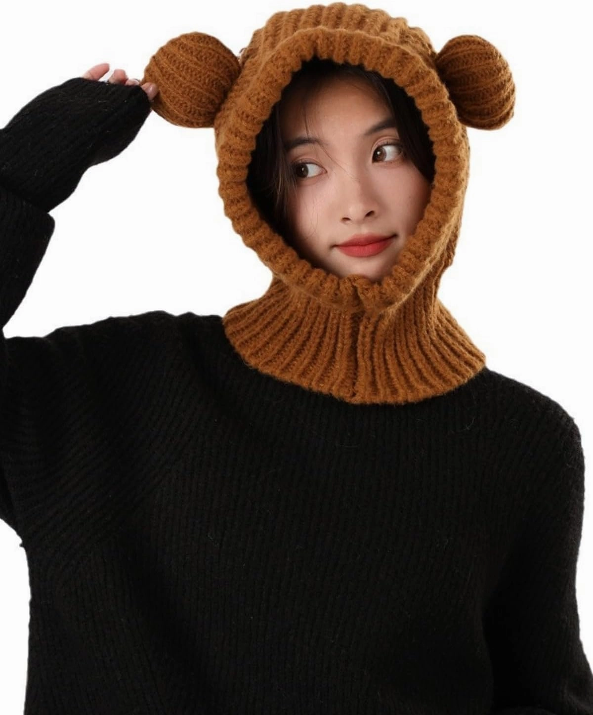 Knit Winter Hat Women Cute Bear Balaclava Warm Hooded Scarf Beanie Hat Skull Cap Collar Neck Cover Pullover