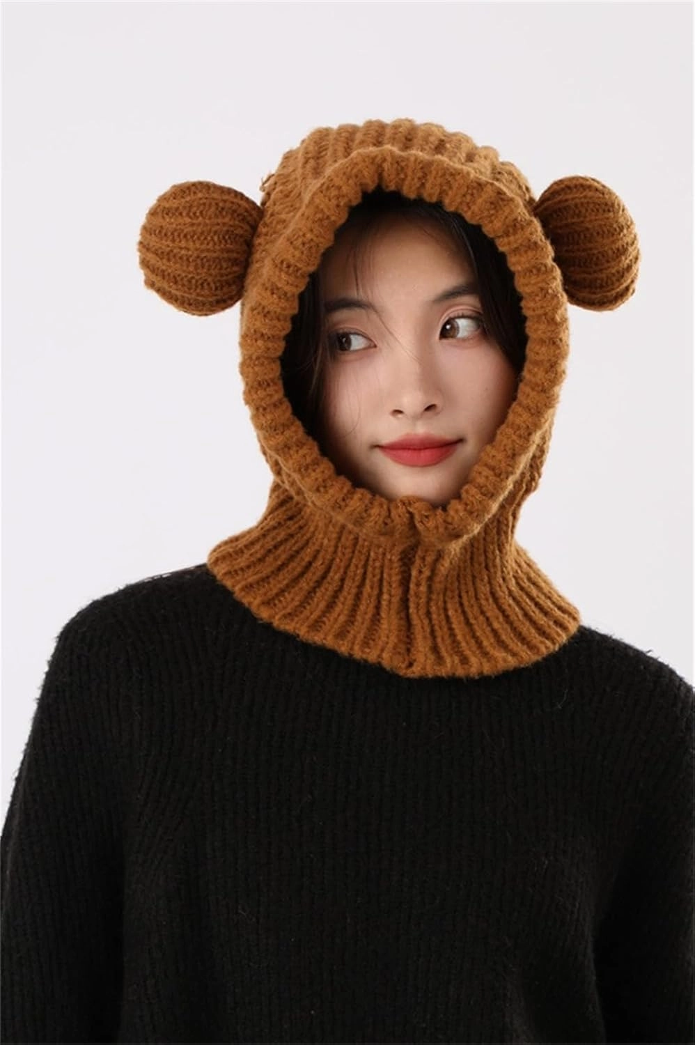 Knit Winter Hat Women Cute Bear Balaclava Warm Hooded Scarf Beanie Hat Skull Cap Collar Neck Cover Pullover