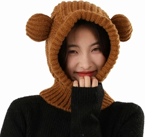 Knit Winter Hat Women Cute Bear Balaclava Warm Hooded Scarf Beanie Hat Skull Cap Collar Neck Cover Pullover