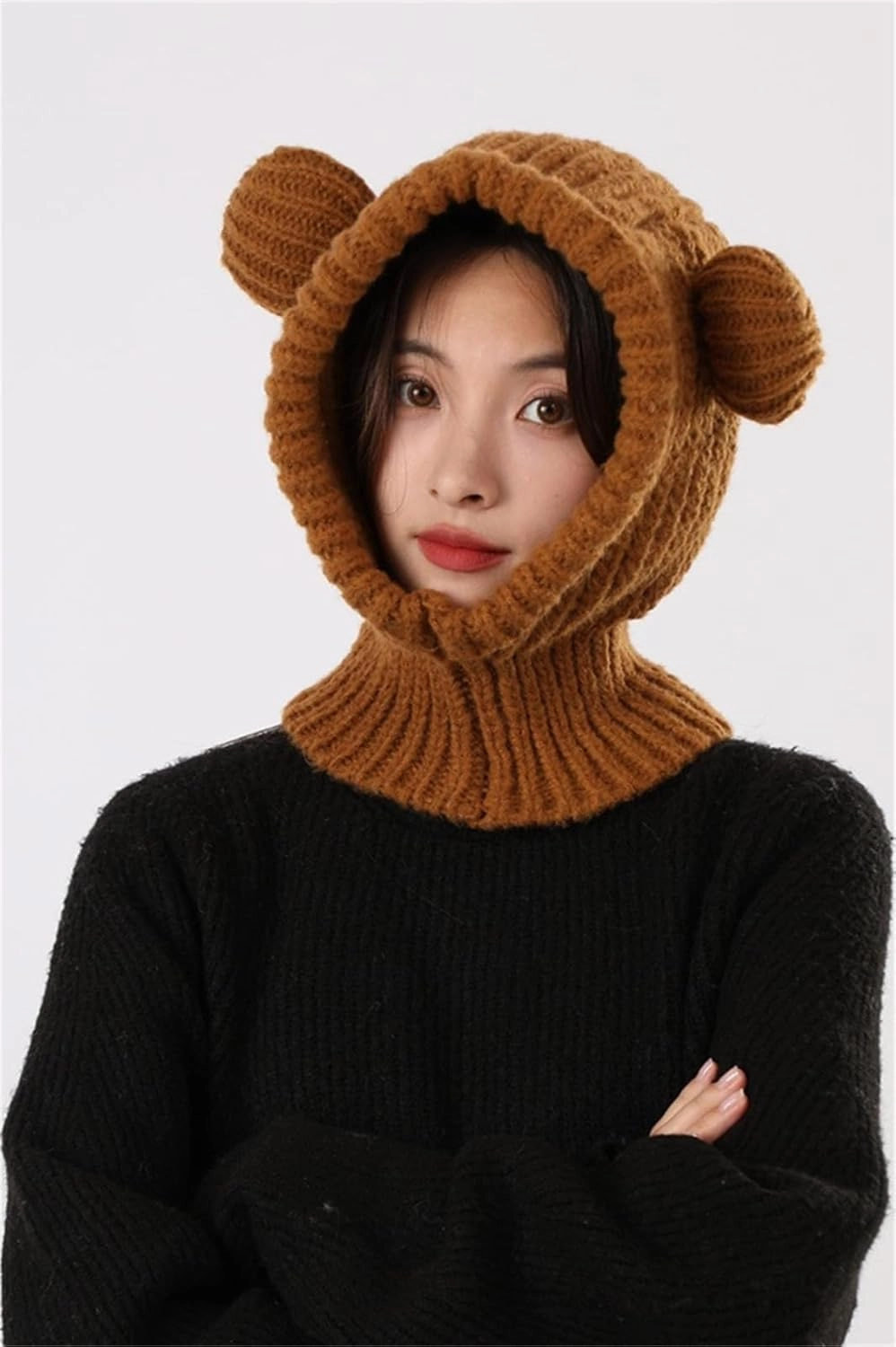 Knit Winter Hat Women Cute Bear Balaclava Warm Hooded Scarf Beanie Hat Skull Cap Collar Neck Cover Pullover