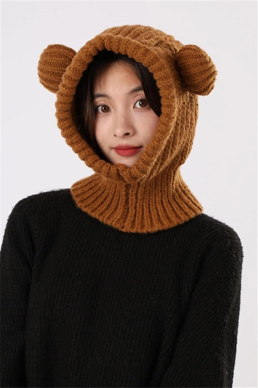 Knit Winter Hat Women Cute Bear Balaclava Warm Hooded Scarf Beanie Hat Skull Cap Collar Neck Cover Pullover