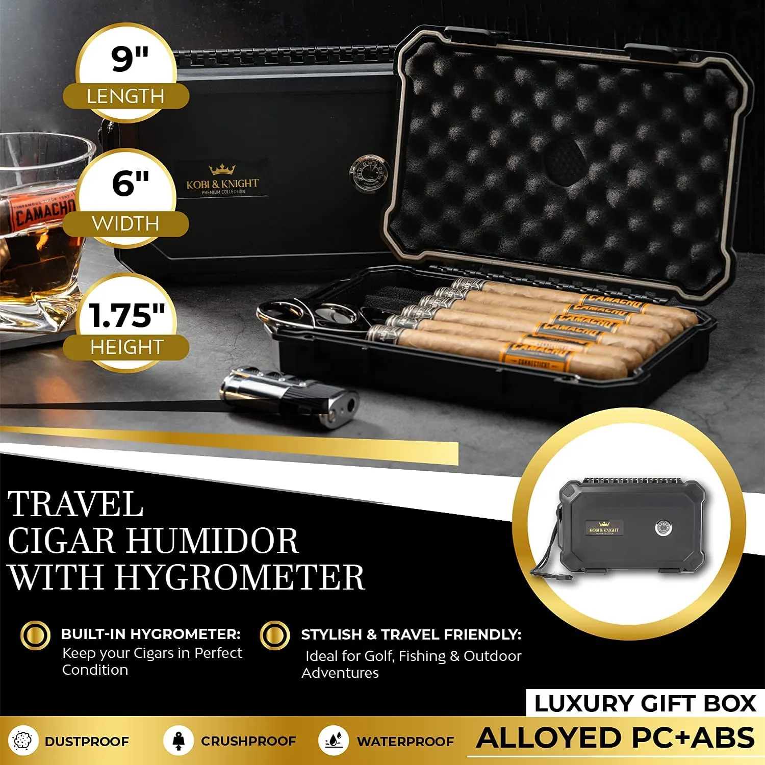 Kobi & Knight Travel Cigar Humidor with Hygrometer - Case for 6 x 8-Inch Cigars -Waterproof Dustproof Portable Cigar - Shockproof Humidor Kit - Cigar Aficionados Accessories - Cigars Gift Set for Men