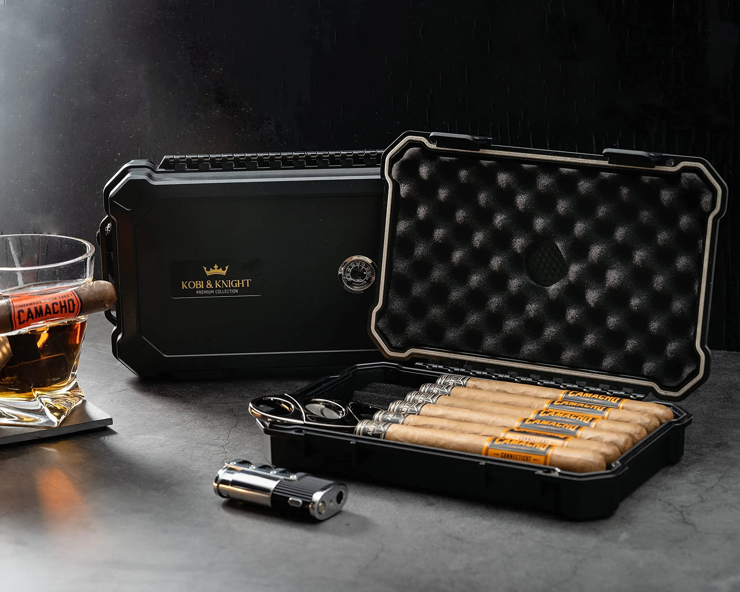 Kobi & Knight Travel Cigar Humidor with Hygrometer - Case for 6 x 8-Inch Cigars -Waterproof Dustproof Portable Cigar - Shockproof Humidor Kit - Cigar Aficionados Accessories - Cigars Gift Set for Men