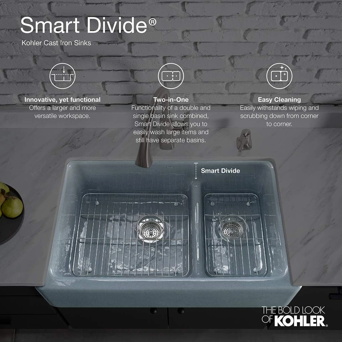 KOHLER Whitehaven Farmhouse Smart Divide Self-Trimming Undermount Apron Front Double-Bowl Kitchen Sink with Tall Apron, 35-1/2-Inch x 21-9/16-Inch, Dune (K-6427-NY)