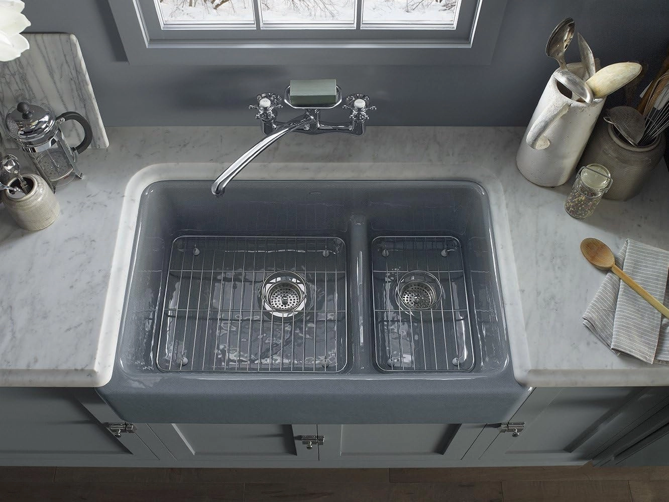 KOHLER Whitehaven Farmhouse Smart Divide Self-Trimming Undermount Apron Front Double-Bowl Kitchen Sink with Tall Apron, 35-1/2-Inch x 21-9/16-Inch, Dune (K-6427-NY)