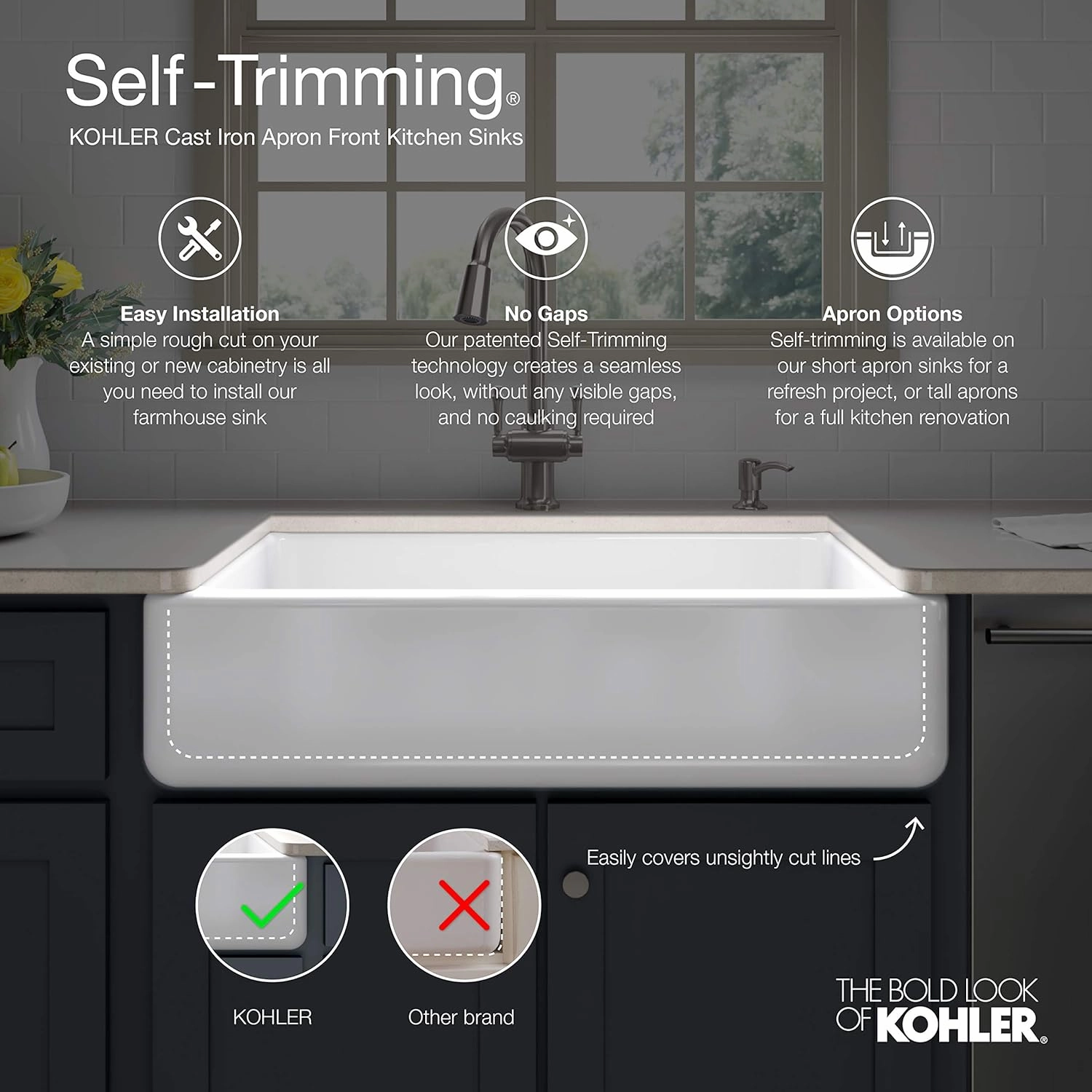 KOHLER Whitehaven Farmhouse Smart Divide Self-Trimming Undermount Apron Front Double-Bowl Kitchen Sink with Tall Apron, 35-1/2-Inch x 21-9/16-Inch, Dune (K-6427-NY)