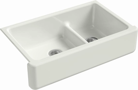 KOHLER Whitehaven Farmhouse Smart Divide Self-Trimming Undermount Apron Front Double-Bowl Kitchen Sink with Tall Apron, 35-1/2-Inch x 21-9/16-Inch, Dune (K-6427-NY)