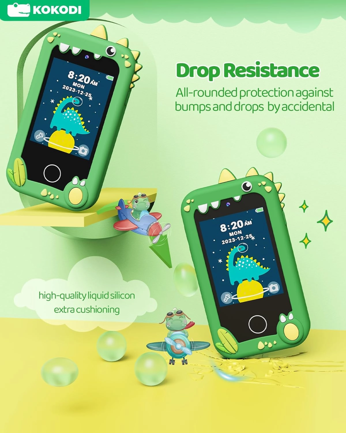 KOKODI Kids Smart Phone Toys, Touchscreen HD Dual Camera Cell Phone for Kids, Birthday Gifts Dinosaur Toddler Play Phone for Boys 3-10, Travel Learning Toy for Kids with 8GB SD Card(Green)