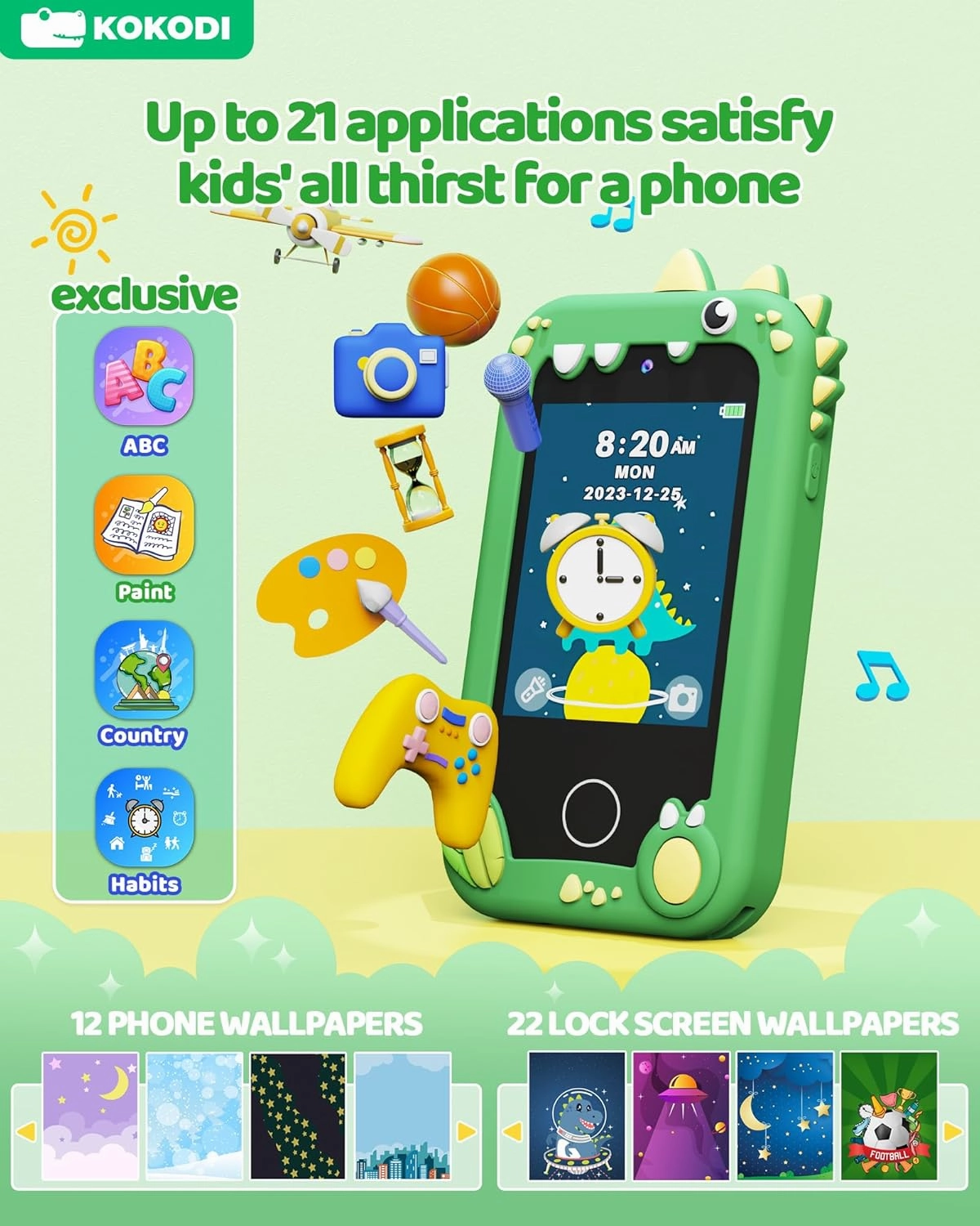 KOKODI Kids Smart Phone Toys, Touchscreen HD Dual Camera Cell Phone for Kids, Birthday Gifts Dinosaur Toddler Play Phone for Boys 3-10, Travel Learning Toy for Kids with 8GB SD Card(Green)