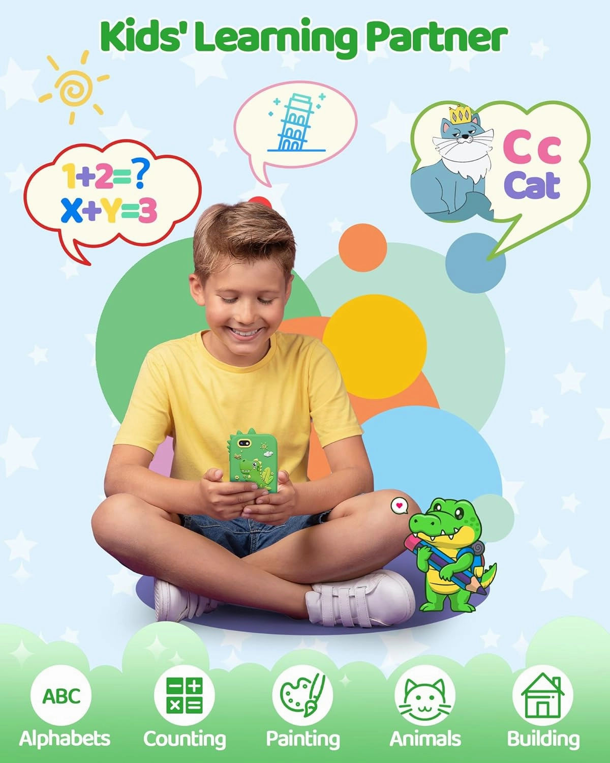 KOKODI Kids Smart Phone Toys, Touchscreen HD Dual Camera Cell Phone for Kids, Birthday Gifts Dinosaur Toddler Play Phone for Boys 3-10, Travel Learning Toy for Kids with 8GB SD Card(Green)