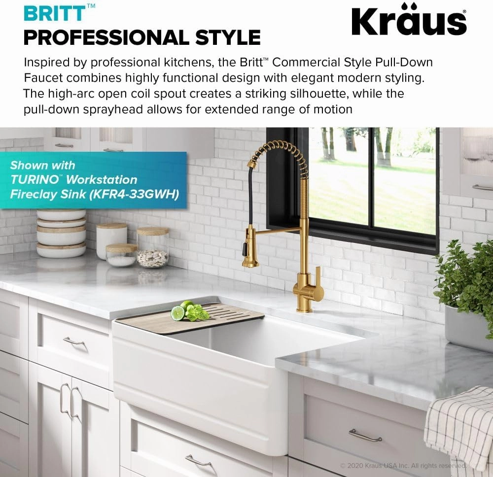 KRAUS Britt 2nd Gen Commercial Style Pull-Down Single Handle Kitchen Faucet in Brushed Brass, KPF-1691BB