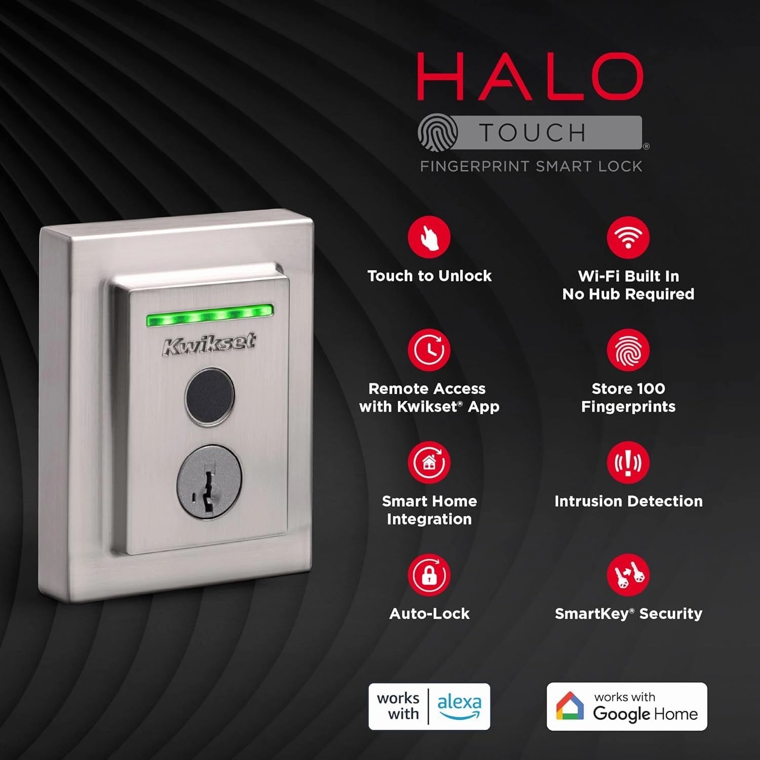 Kwikset Halo Touch Fingerprint Wi-Fi Smart Lock, Keyless Entry Door Low Profile Deadbolt, Geofence Auto-Unlock, Grade AAA Certified, No Hub Easy Install, Satin Nickel Lifetime Finish Warranty, Square