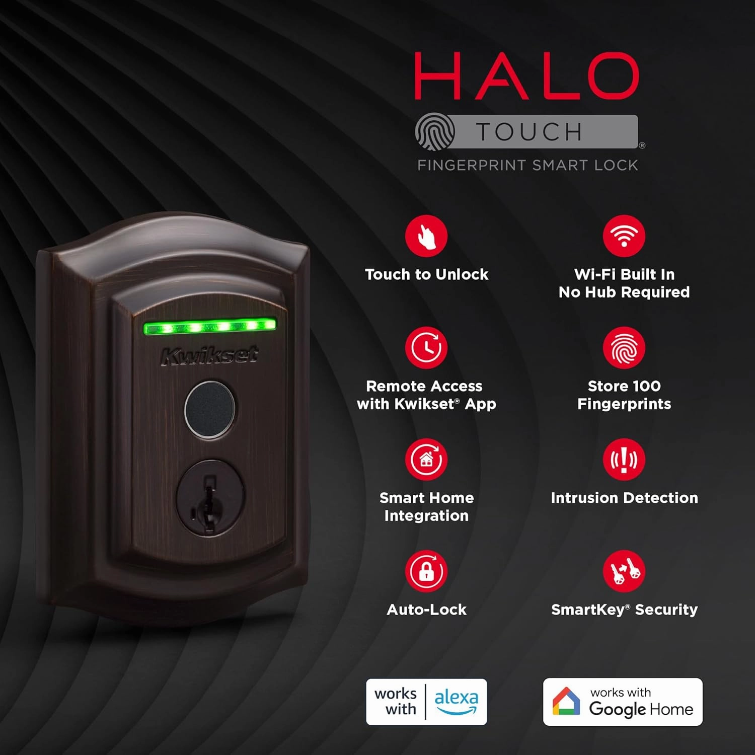 Kwikset Halo Touch Fingerprint Wi-Fi Smart Lock, Keyless Entry Door Low Profile Deadbolt, Geofence Auto-Unlock, Grade AAA Certified, No Hub Easy Install, Venetian Bronze Lifetime Finish Warranty, Arch