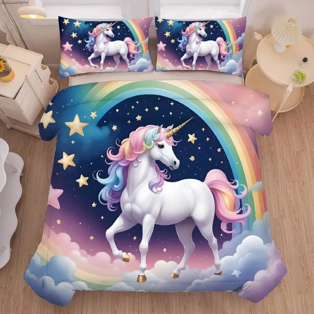 kxry Unicorn Galaxy Comforter Sets Queen Size Cartoon Blue Sky Rainbow Bedding Set Star Cloud Bedding Quilt for Kids Teens Girls 1 Comforter  2 Pillowcases