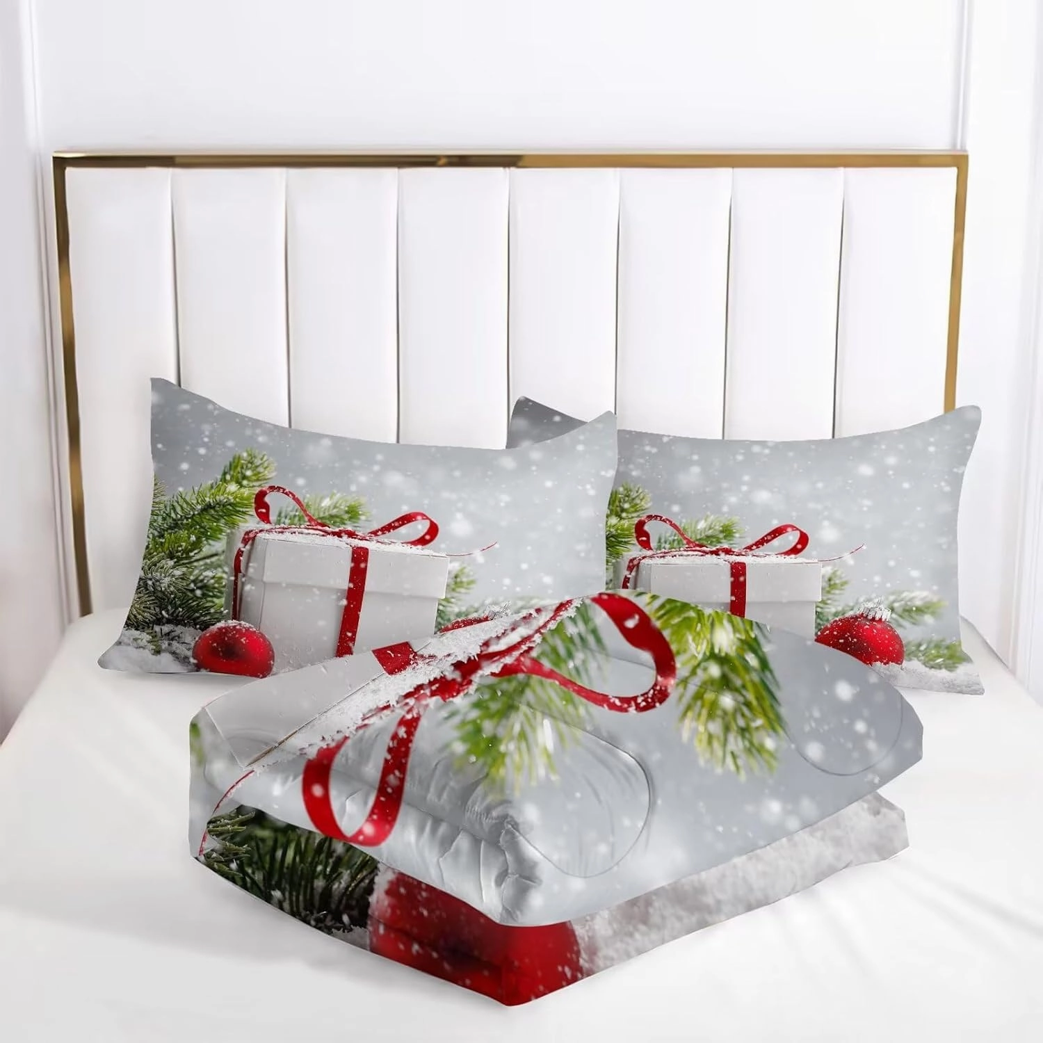 kxry Christmas Comforter Set Snow Scene Evergreen Bough Bedding Queen Size for Girls Boys Kids Gift Box Red Balls Quilt Duvet 1 Comforter   2 Pillow Cases