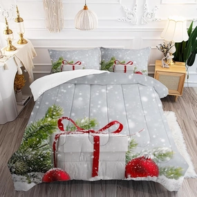 kxry Christmas Comforter Set Snow Scene Evergreen Bough Bedding Queen Size for Girls Boys Kids Gift Box Red Balls Quilt Duvet 1 Comforter   2 Pillow Cases