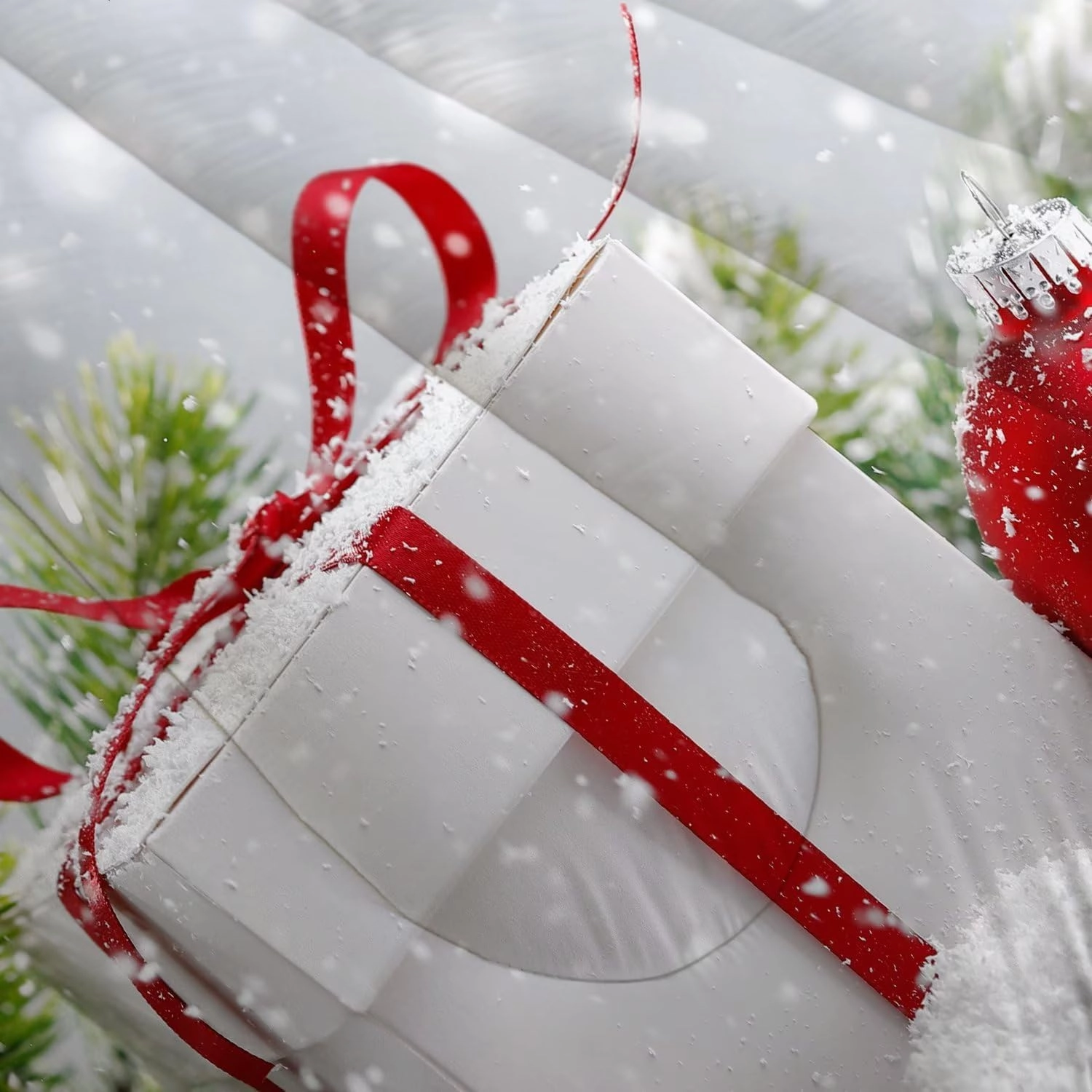 kxry Christmas Comforter Set Snow Scene Evergreen Bough Bedding Queen Size for Girls Boys Kids Gift Box Red Balls Quilt Duvet 1 Comforter   2 Pillow Cases