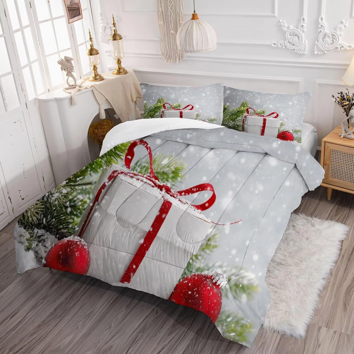 kxry Christmas Comforter Set Snow Scene Evergreen Bough Bedding Queen Size for Girls Boys Kids Gift Box Red Balls Quilt Duvet 1 Comforter   2 Pillow Cases