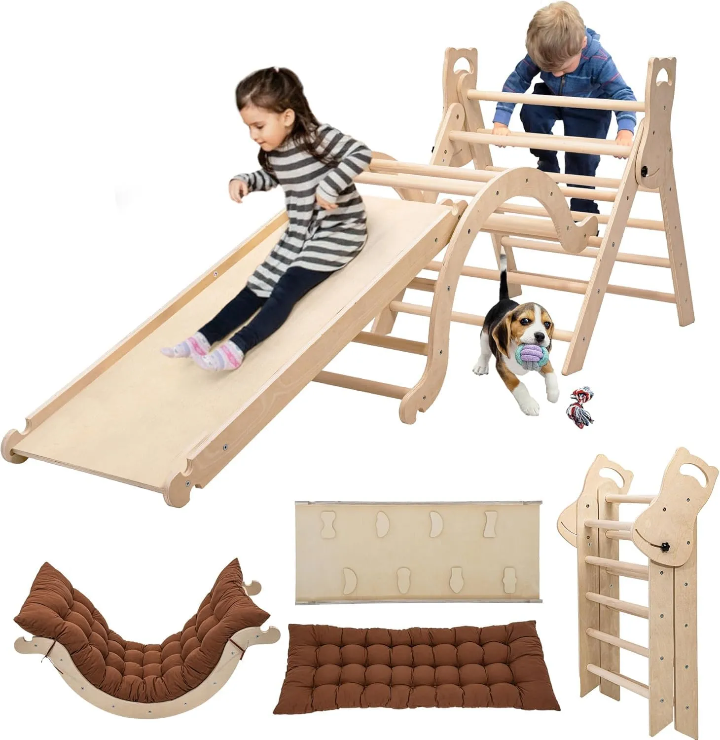 Large Foldable Toddler Climbing Toys Indoor Jungle Gym, Pikler Triangle Set with Cushion, S-lide and Arch, 7-in-1 Montessori Climbing Set(1.5-6yrs)
