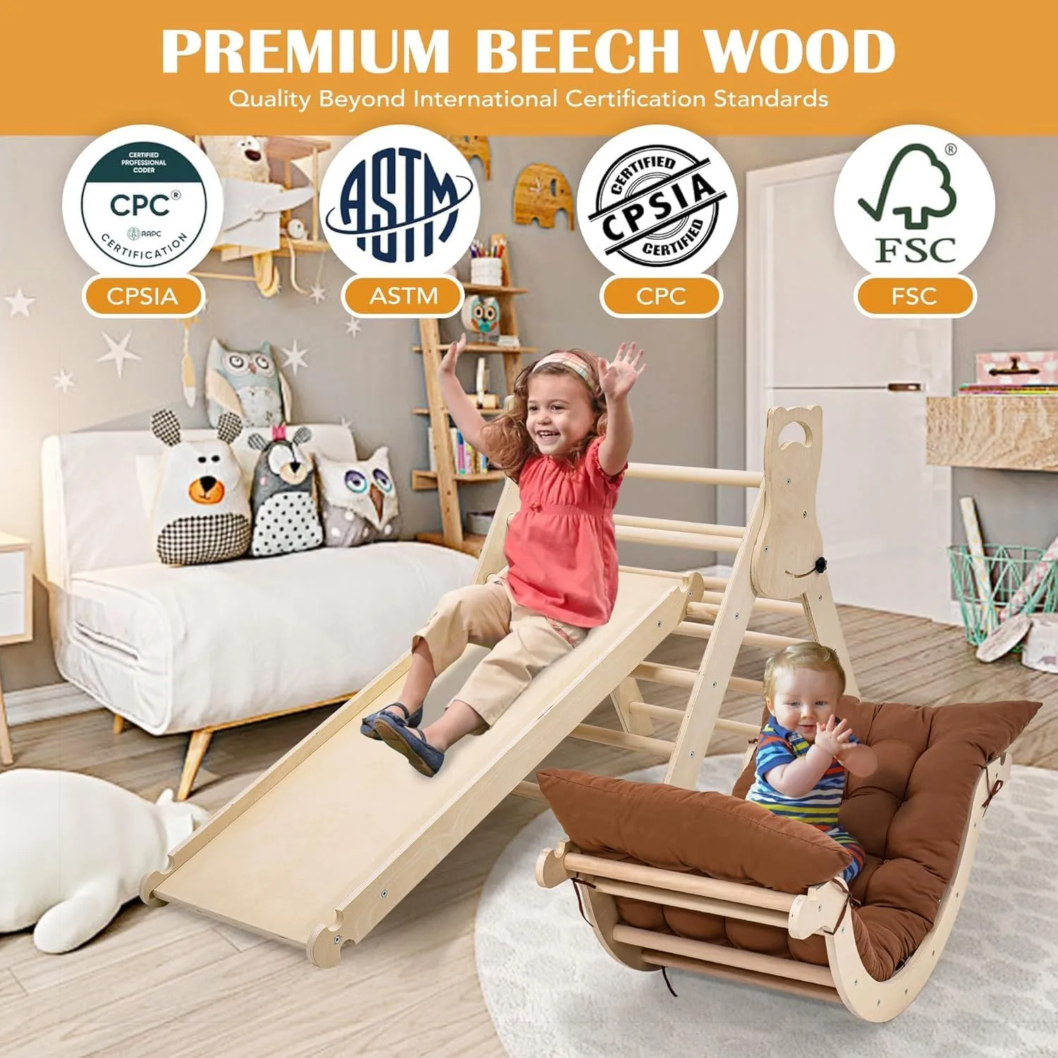 Large Foldable Toddler Climbing Toys Indoor Jungle Gym, Pikler Triangle Set with Cushion, S-lide and Arch, 7-in-1 Montessori Climbing Set(1.5-6yrs)