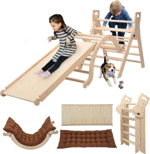 Large Foldable Toddler Climbing Toys Indoor Jungle Gym, Pikler Triangle Set with Cushion, S-lide and Arch, 7-in-1 Montessori Climbing Set(1.5-6yrs)