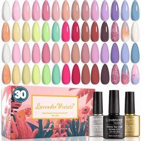 Lavender Violets 30-Piece Gel Nail Polish Set, 27 Colors with Glitter, Glossy,Matte Base and Top Coat for Nail Art C974