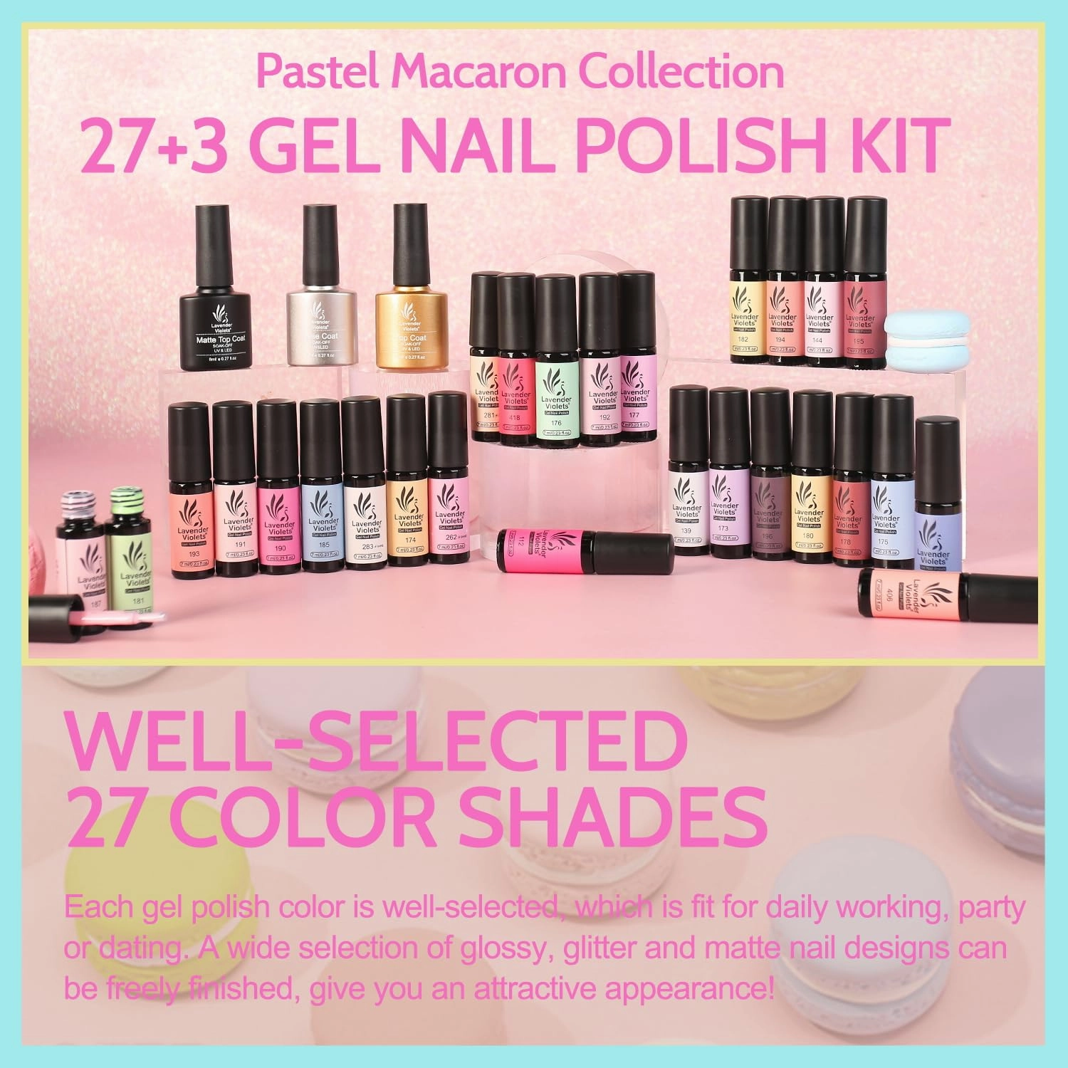 Lavender Violets 30-Piece Gel Nail Polish Set, 27 Colors with Glitter, Glossy,Matte Base and Top Coat for Nail Art C974