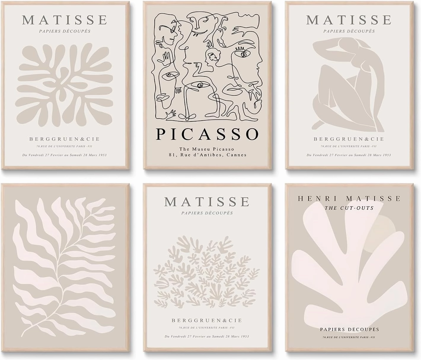 Laywhq Henri Matisse Wall Art Abstract Flower Canvas Wall Decor Neutral Gray Beige Picasso Line Mid Century Aesthetic Paintings Prints Posters for Bedroom Living Room Gallery Set of 6 8x10in Unframed