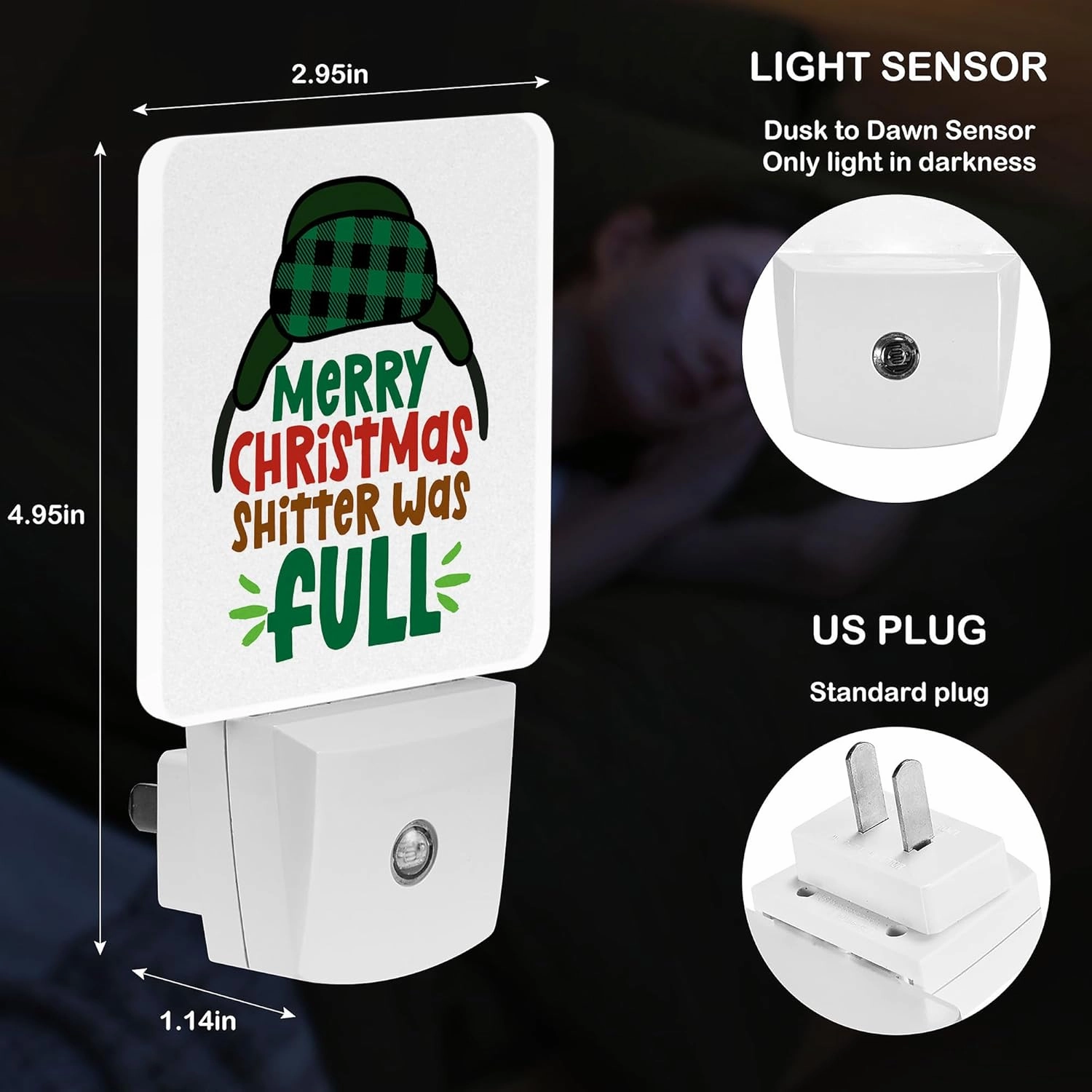 LED Night Light Lamp with Smart Sensor Dusk to Dawn Sensor,Merry Christmas Shitter Text with Cartoon Earmuffs Cap Night Light Daylight White,0.5W Plug-into Wall for Adults,Bedroom,Hallway