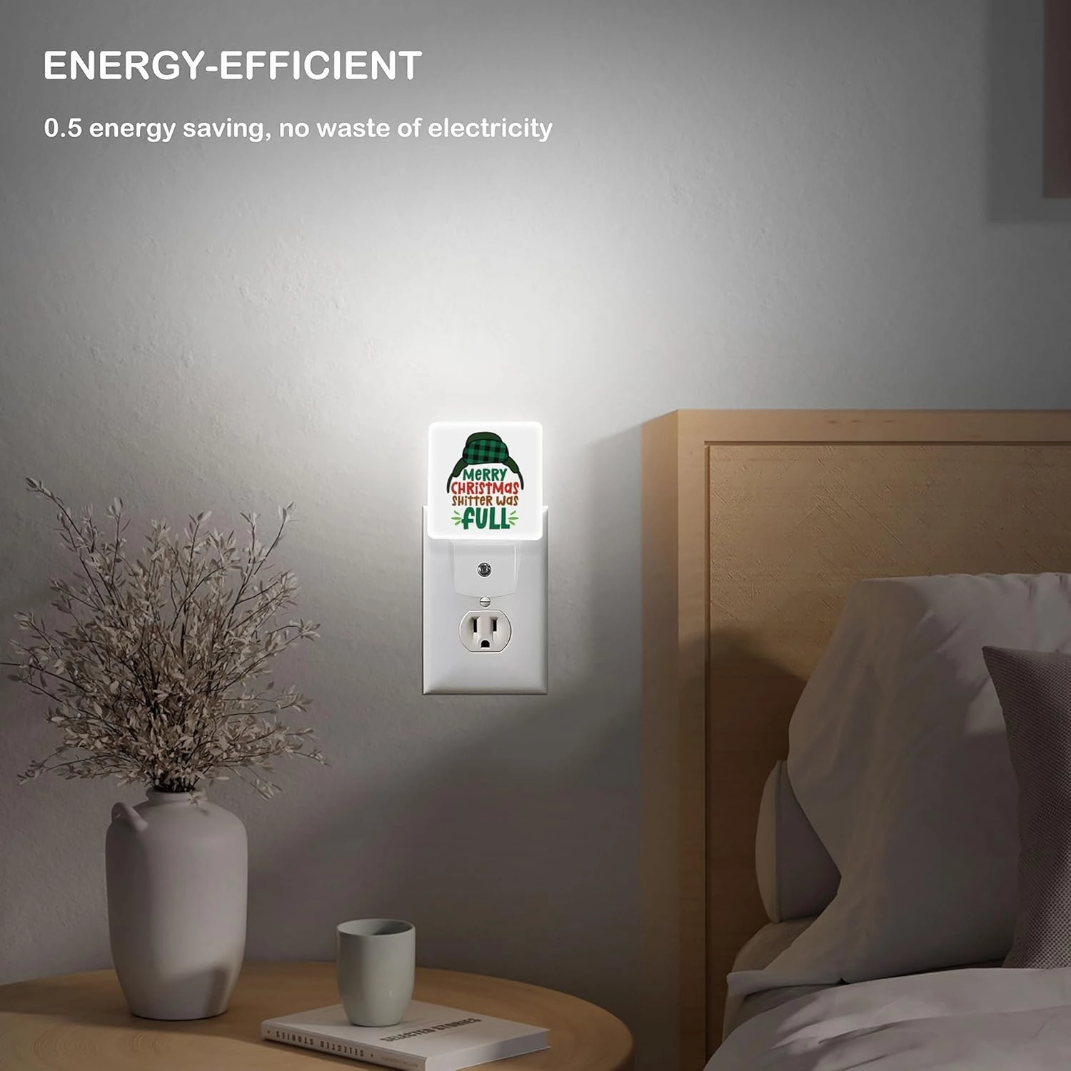 LED Night Light Lamp with Smart Sensor Dusk to Dawn Sensor,Merry Christmas Shitter Text with Cartoon Earmuffs Cap Night Light Daylight White,0.5W Plug-into Wall for Adults,Bedroom,Hallway